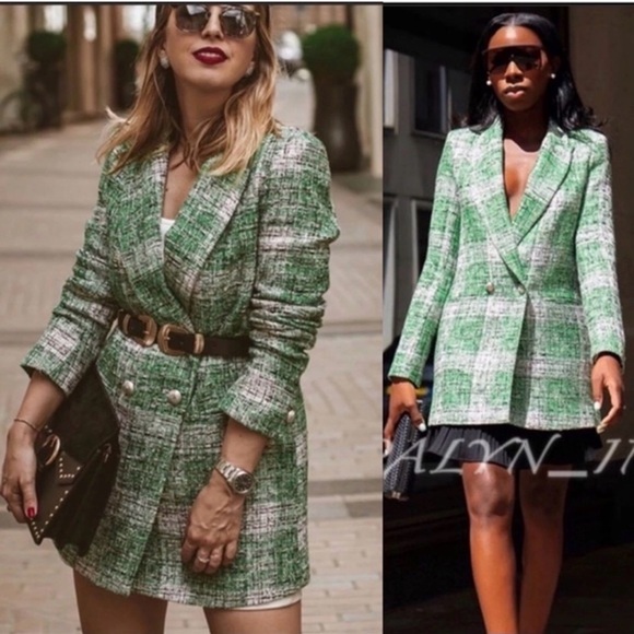 Zara Green white Plaid Tweed Double-Breasted Blazer jacket Sz XS - Picture 2 of 11